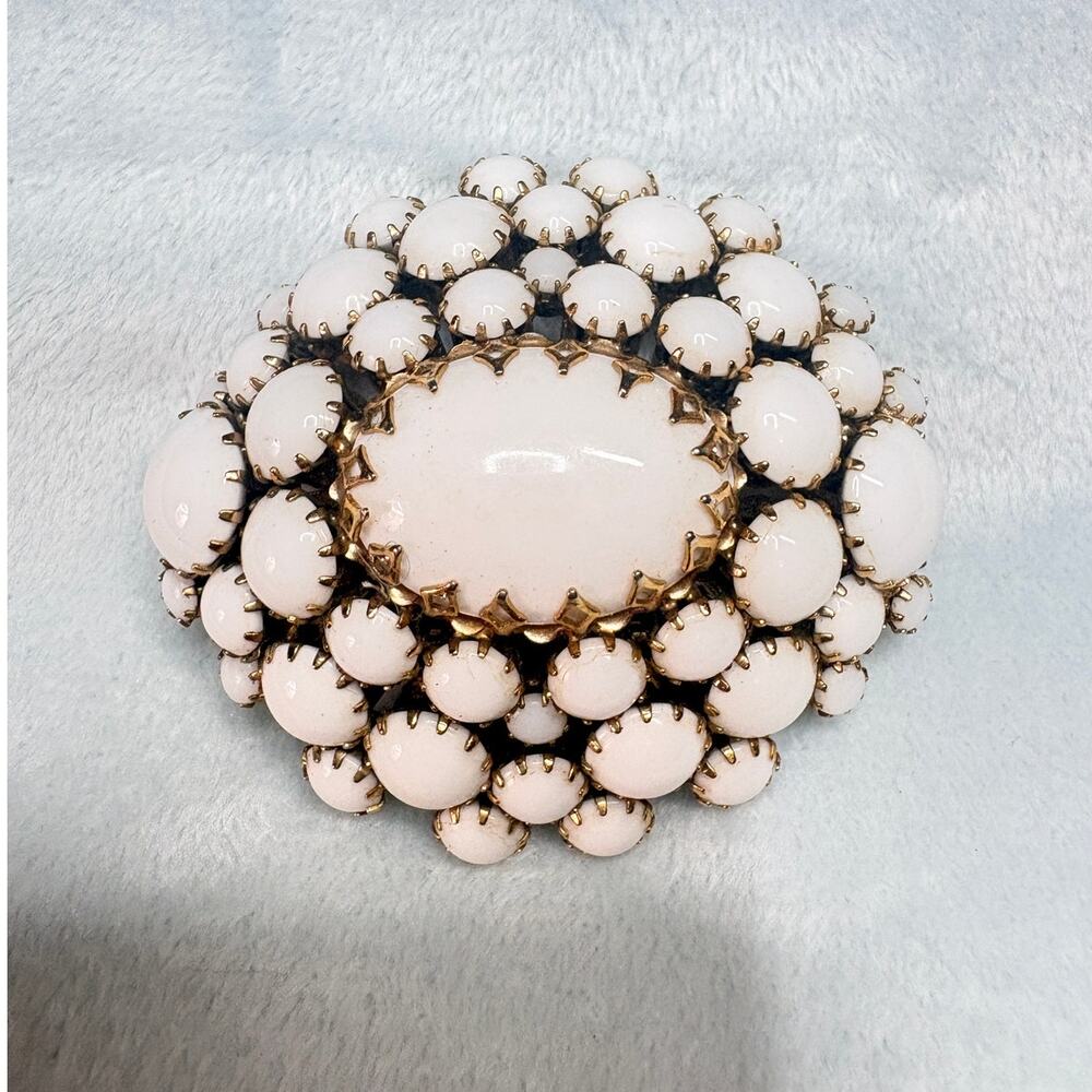 Mid‑Century Milk Glass Cluster Brooch • Gold‑Tone • 1950s–60s